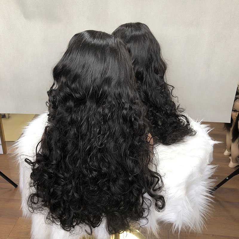 Popular Color Funmi Super Double Drawn Natural Color Bouncy Wave Lace Frontal Human Hair Wig Vendor Wholesale Virgin Human Hair