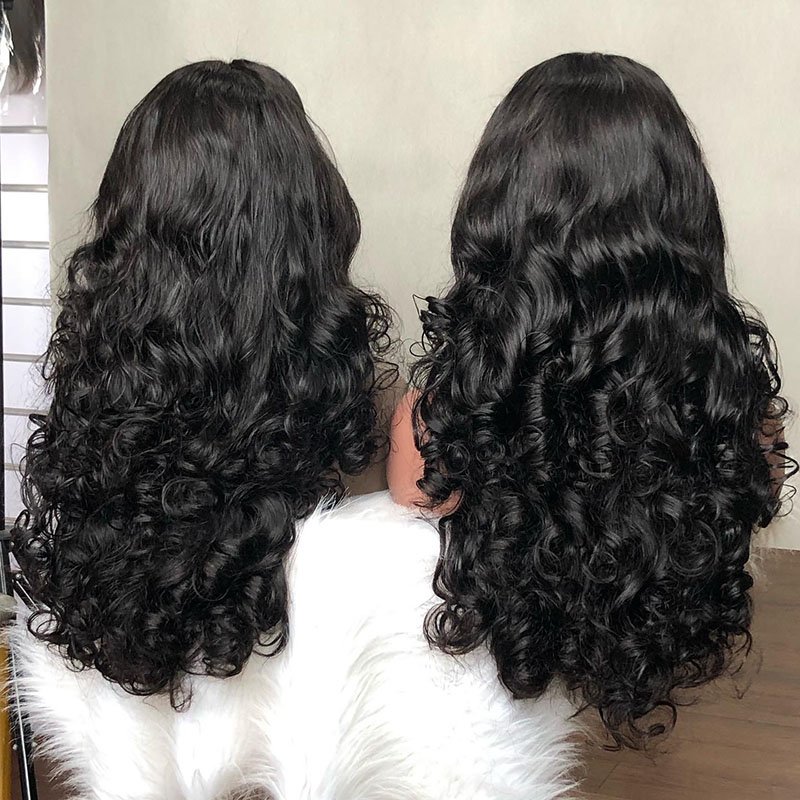 Popular Color Funmi Super Double Drawn Natural Color Bouncy Wave Lace Frontal Human Hair Wig Vendor Wholesale Virgin Human Hair