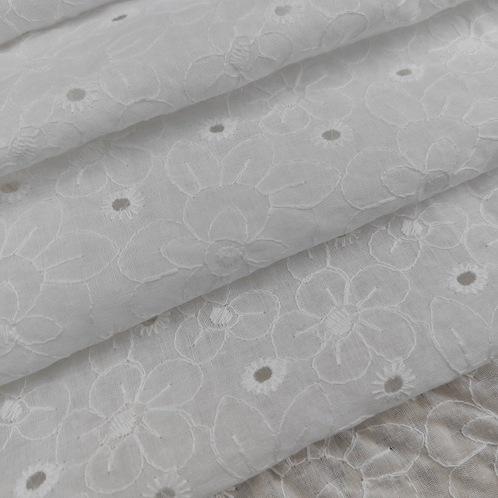 Customized White Cotton Gauze Embroidered Flower Lace With Hole Punching Embroidery Fabric For Women Dress