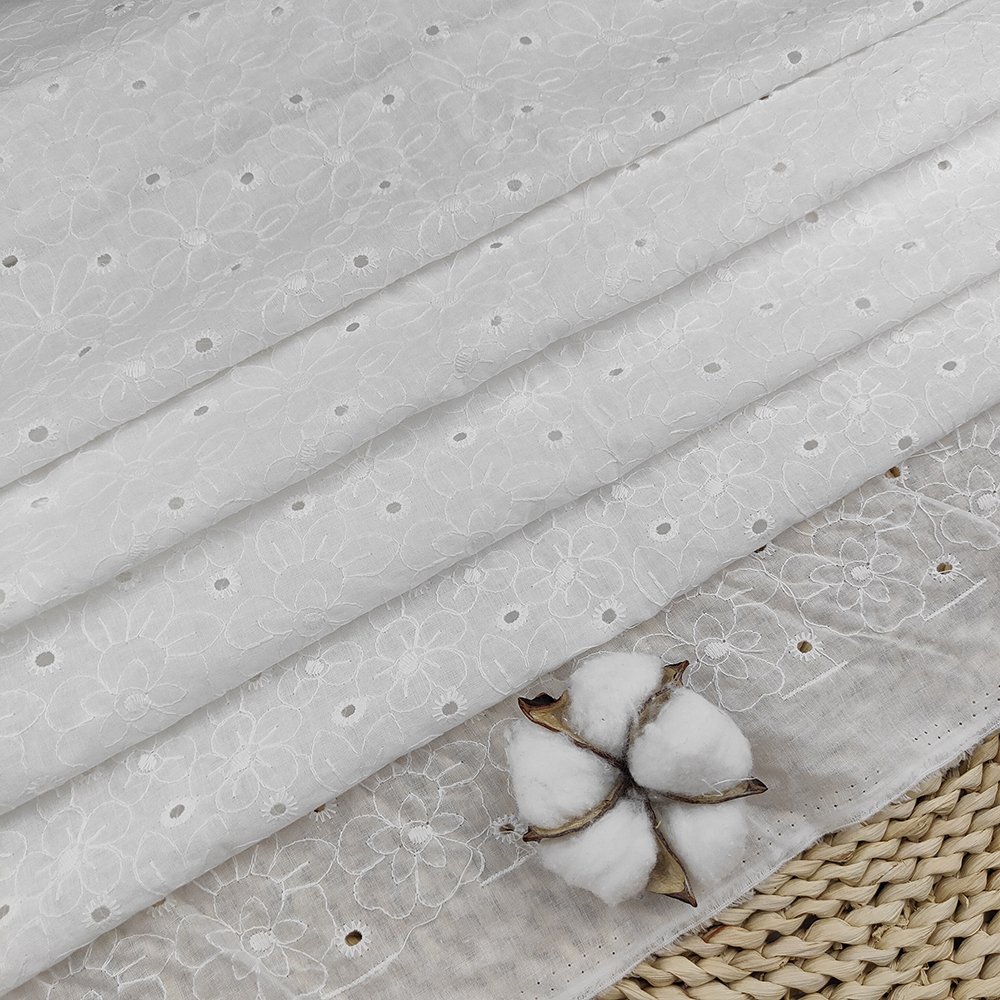Customized White Cotton Gauze Embroidered Flower Lace With Hole Punching Embroidery Fabric For Women Dress