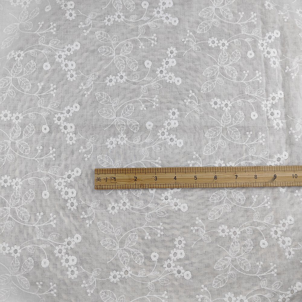 Customized White Cotton Gauze Embroidered Flower Lace With Hole Punching Embroidery Fabric For Women Dress