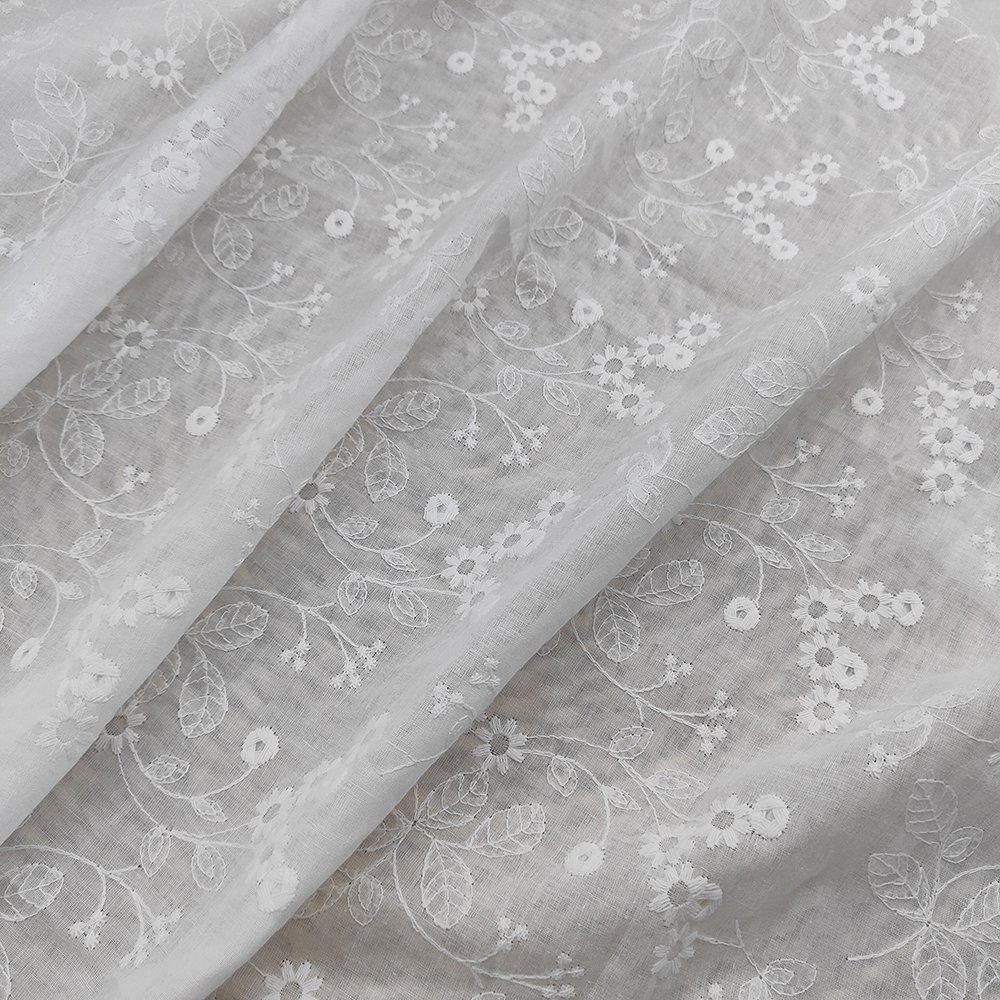 Customized White Cotton Gauze Embroidered Flower Lace With Hole Punching Embroidery Fabric For Women Dress