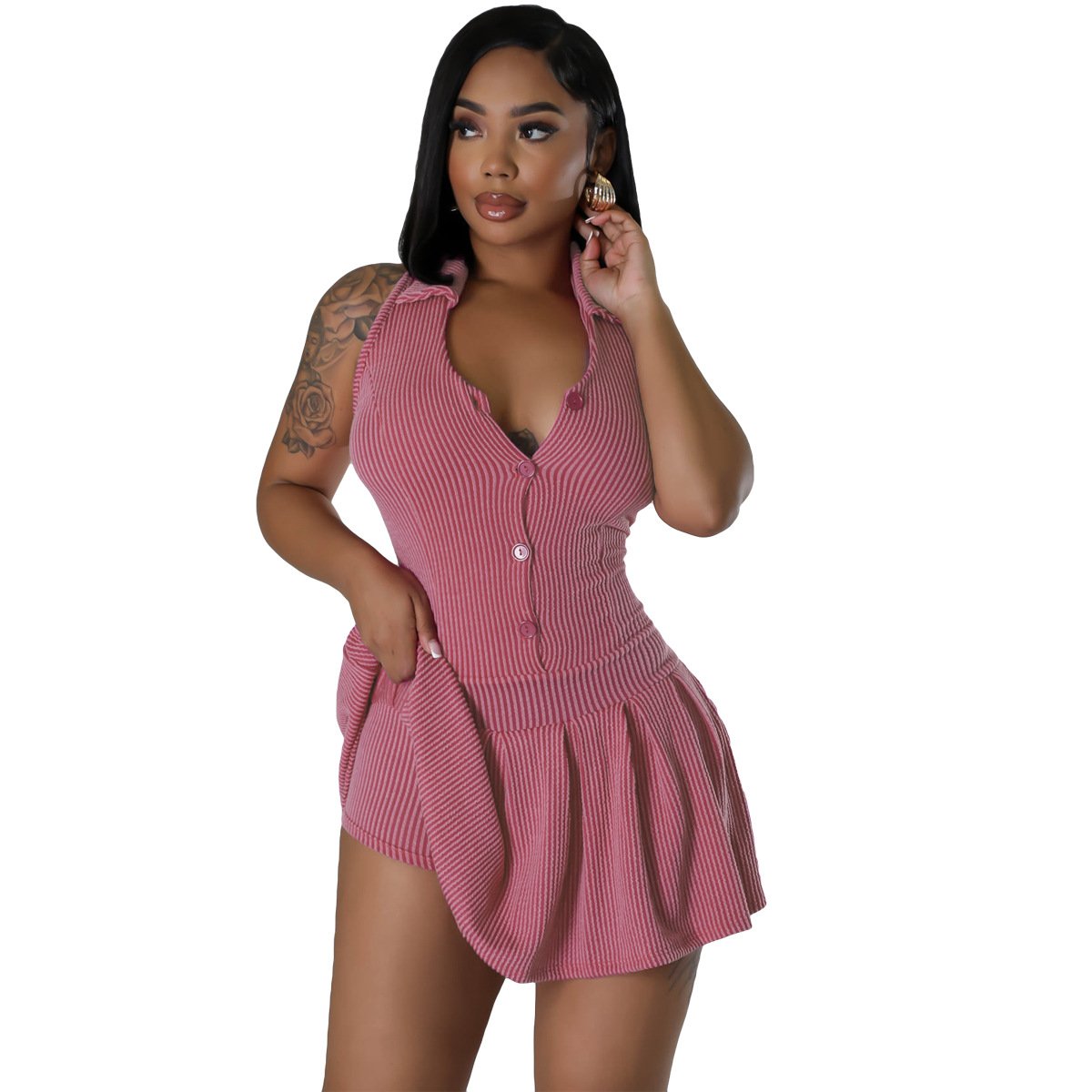 Hot Sale Ribbed Sleeveless Halter Dress Turndown Collar Tight Waist Dress Summer Solid Color Pleated Mini Dresses