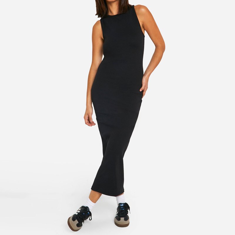 Black basic ribbed midi dress summer Elastic fabric bodycon sleeveless casual maxi dress
