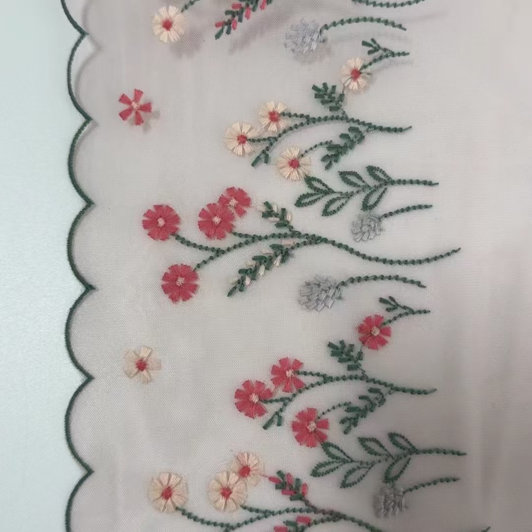 Width 22 cm Polyester colorful Tulle Soft embroidery Lace trim Fabric pink flowers mesh lace For women dress