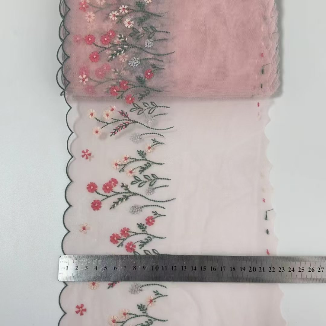 Width 22 cm Polyester colorful Tulle Soft embroidery Lace trim Fabric pink flowers mesh lace For women dress