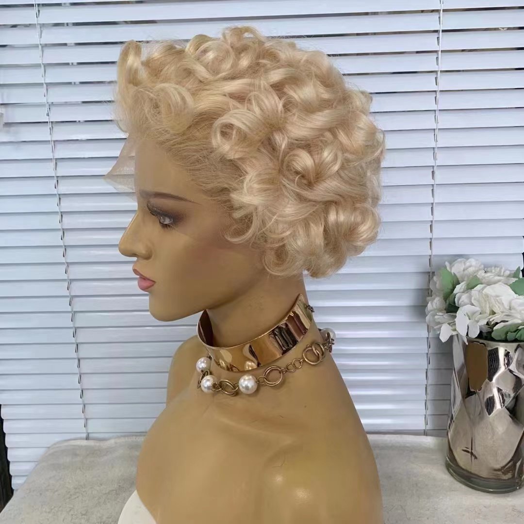 613 Blonde Short Glueless Pixie Cut Wigs Human Hair Lace Frontal Wigs Pre Plucked Curly with Baby Hair Brazilian for Women