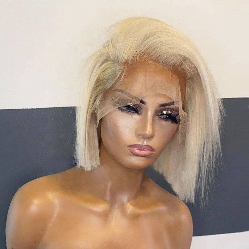 Luxury 613 Blonde Lace Front Wig 100% Human Virgin Hair Platinum Blonde Short Bob Straight Wig With Pre Plucked Hairline