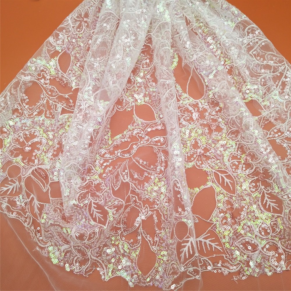 Factory Multi-colored White Sequin Embroidery fabric Fashion wedding dress dress Home decor Lace fabric