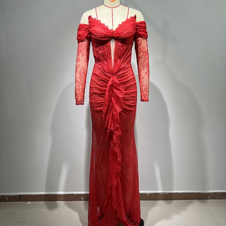 Sexy Backless Slim Tight Long Sleeve Bodycon Celebrity Party Ruffle Lace Dresses Women Elegant