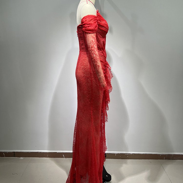 Sexy Backless Slim Tight Long Sleeve Bodycon Celebrity Party Ruffle Lace Dresses Women Elegant