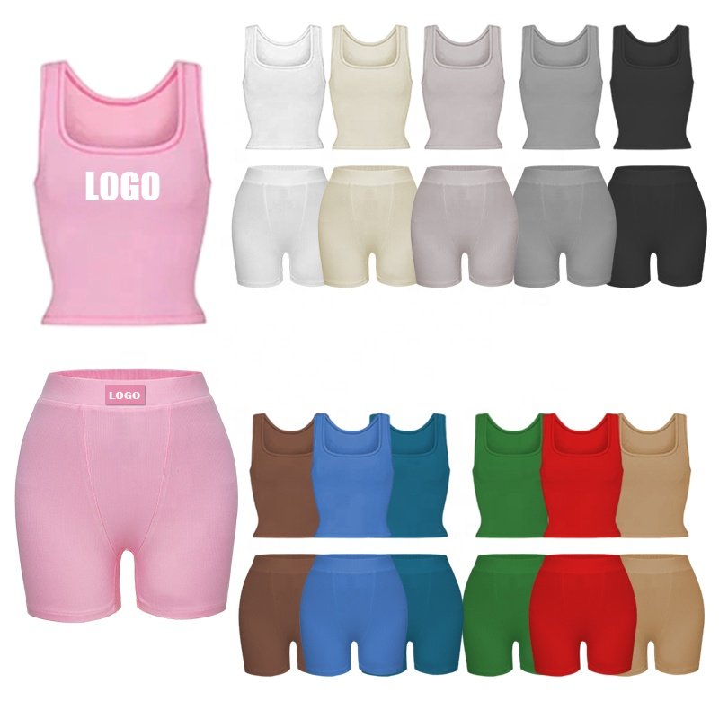 Two piece short set unisex custom logo loungewear pink tank top women sets dupe brand 2 piece ribbed outfits