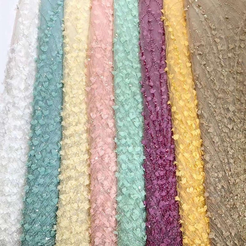 Wholesale Price Beaded Lace Fabric 3D Floral Design Blue Sequin Lace Fabric for Evening Dress
