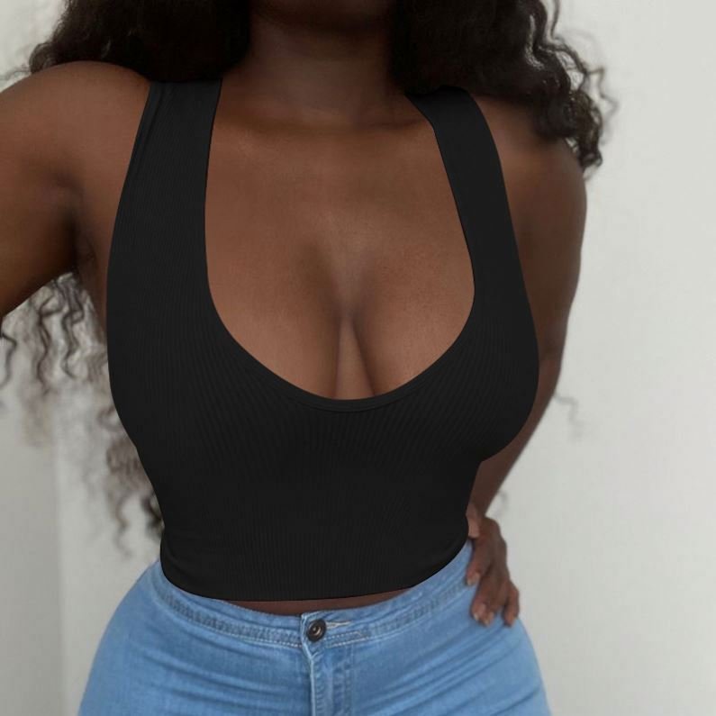 Sexy Sleeveless Solid Color Sexy U-Neck Knitted Pit Stripe Tank Top T-Shirt