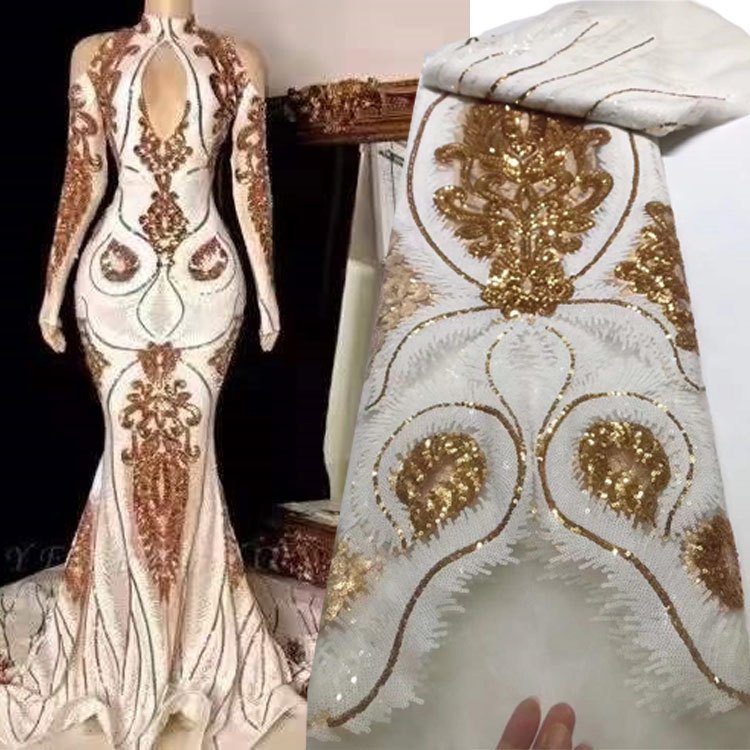 Sequins Tube Flower Embroidery Lace Material Wedding Evening Dress Party Lace Polyester Sequins Lace Fabrics