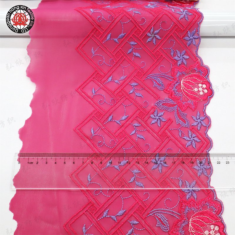New Design Customized Rose Blossom Pattern Red 20cm Lace Embroidery fabric for mesh