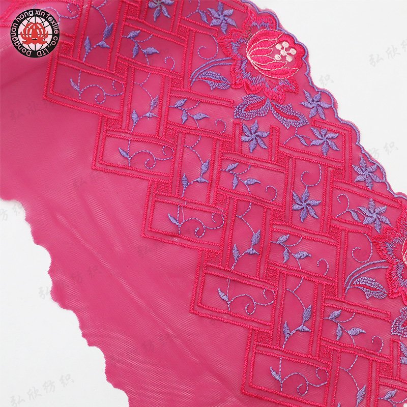 New Design Customized Rose Blossom Pattern Red 20cm Lace Embroidery fabric for mesh