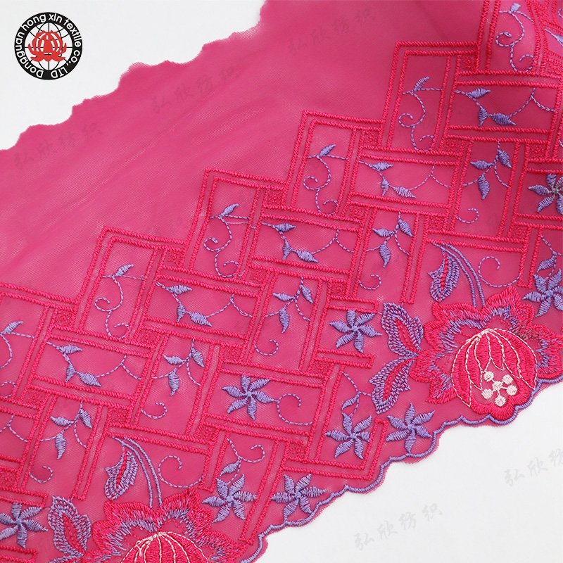 New Design Customized Rose Blossom Pattern Red 20cm Lace Embroidery fabric for mesh