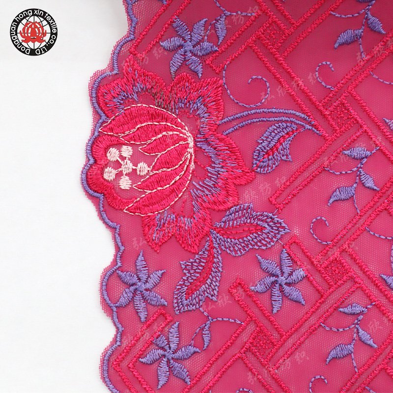 New Design Customized Rose Blossom Pattern Red 20cm Lace Embroidery fabric for mesh