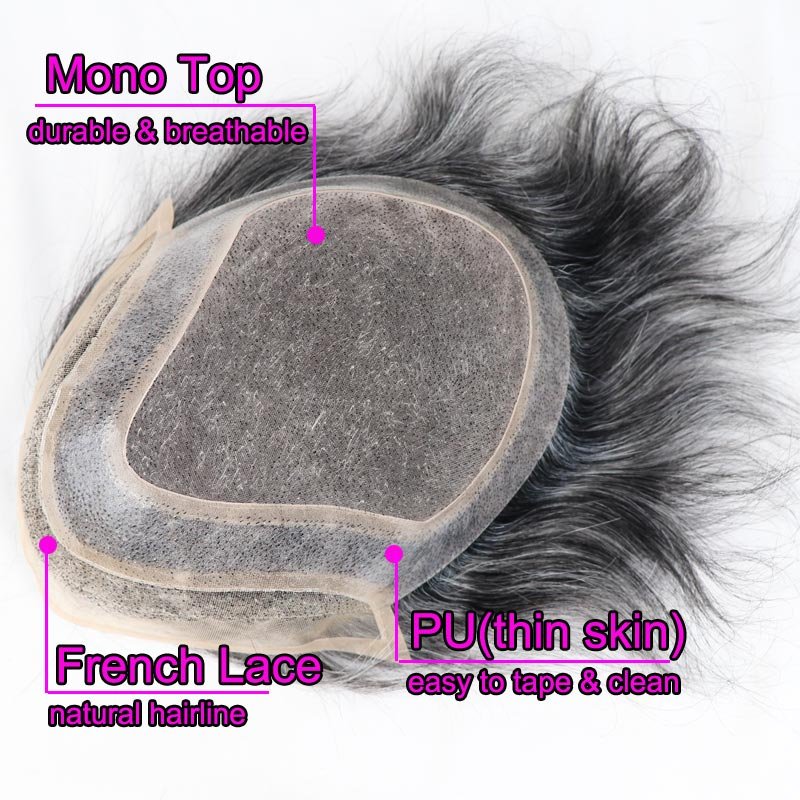 1B40 Human Hair Toupee for Men 40% Gray Hair Wholesale French Lace Mens Toupee with Synthetical Hair