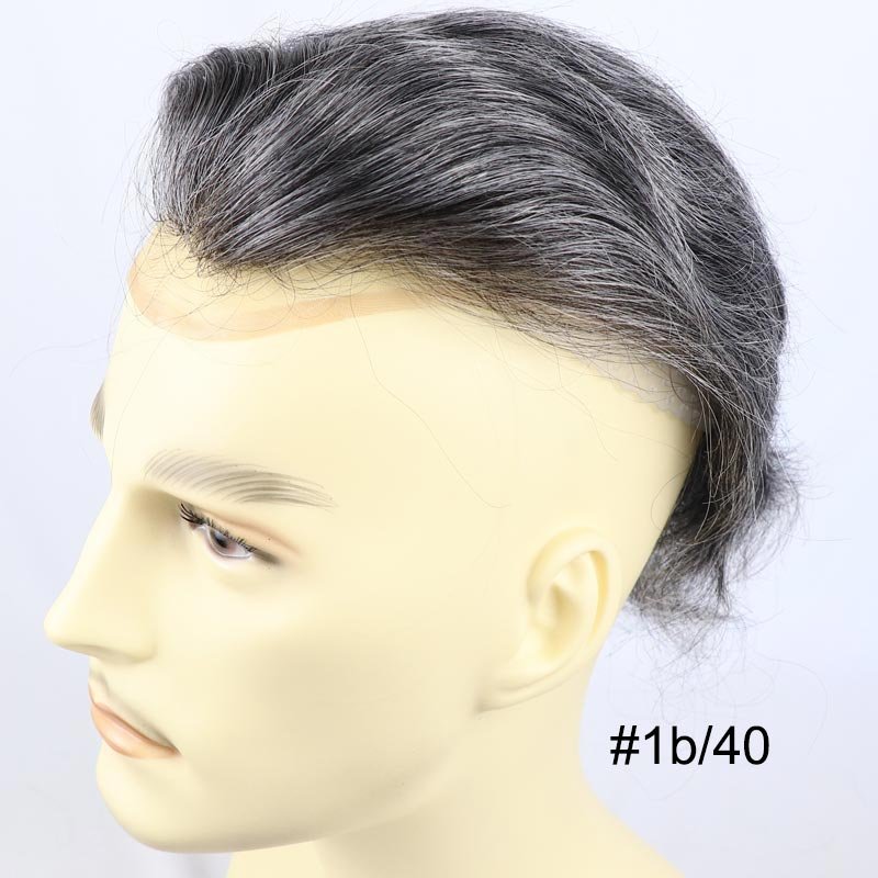 1B40 Human Hair Toupee for Men 40% Gray Hair Wholesale French Lace Mens Toupee with Synthetical Hair