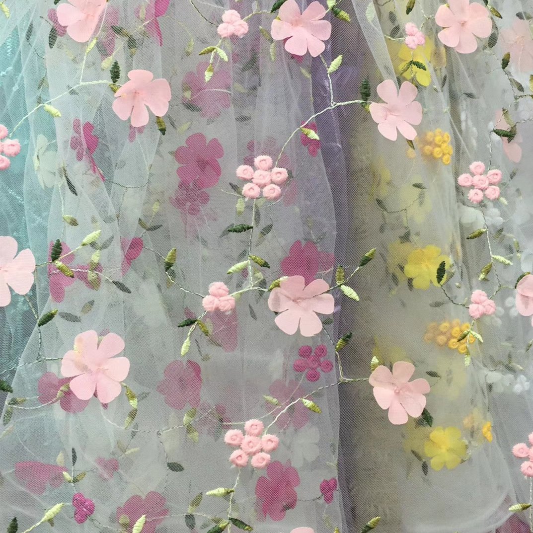 Hot Sale 90*150cm Diy Handmade Shabby Wedding 3D Flower Embroidered Mesh Lace Fabric for Dress Sewing Supplies Crafts