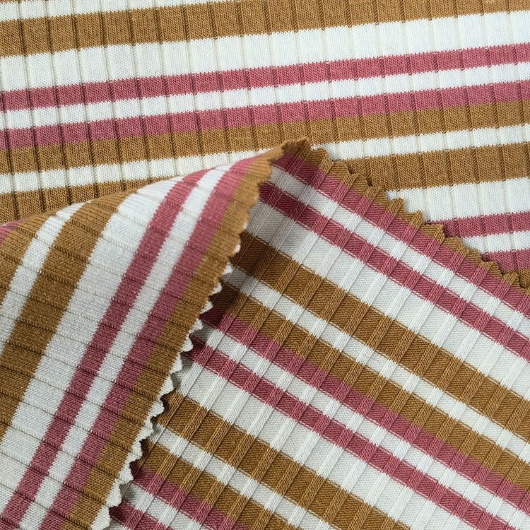 New design yarn dyed 276gsm 62%polyester 33%cotton 5%spandex 6*3 colored striped ribbed fabric for t-shirts