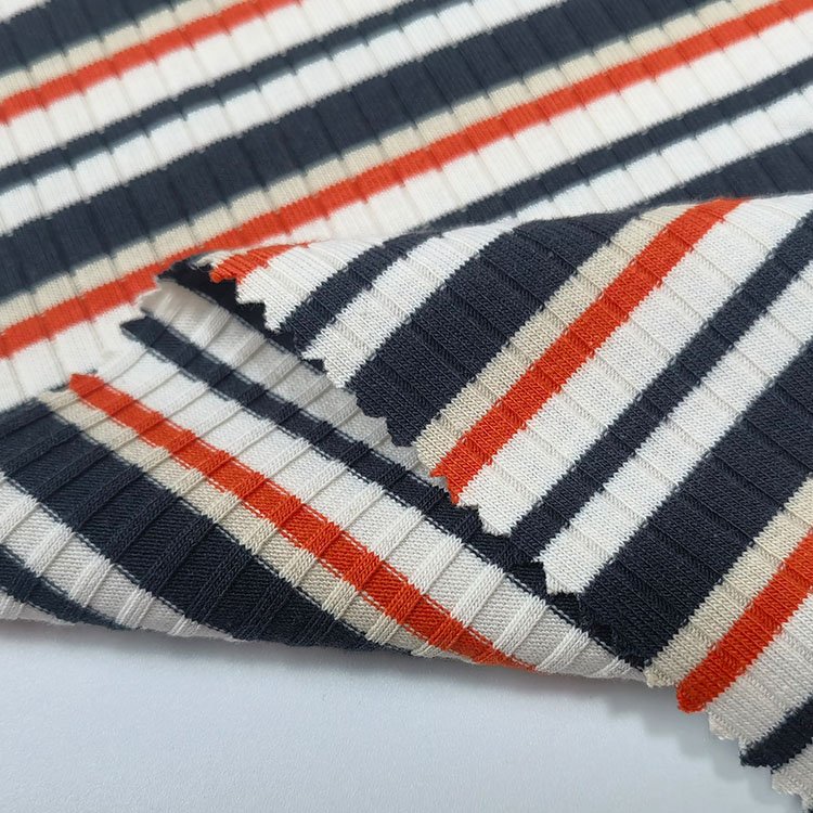 New design yarn dyed 276gsm 62%polyester 33%cotton 5%spandex 6*3 colored striped ribbed fabric for t-shirts