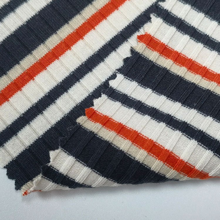 New design yarn dyed 276gsm 62%polyester 33%cotton 5%spandex 6*3 colored striped ribbed fabric for t-shirts