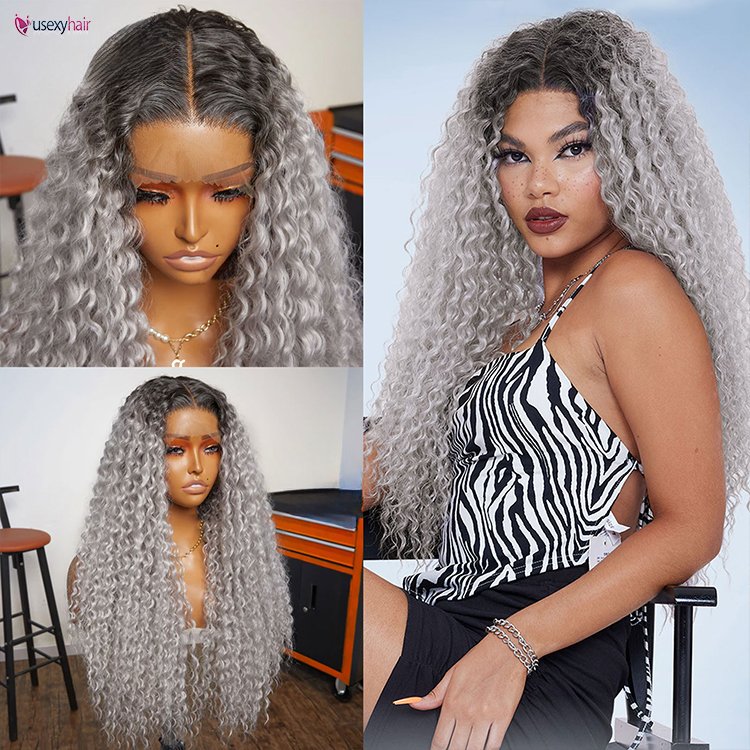 28" Ombre Silver Grey Curly Lace Front Wigs For Women Cosplay Colored Grey 180 Density Dark Roots Wig Glueless Wig For Women