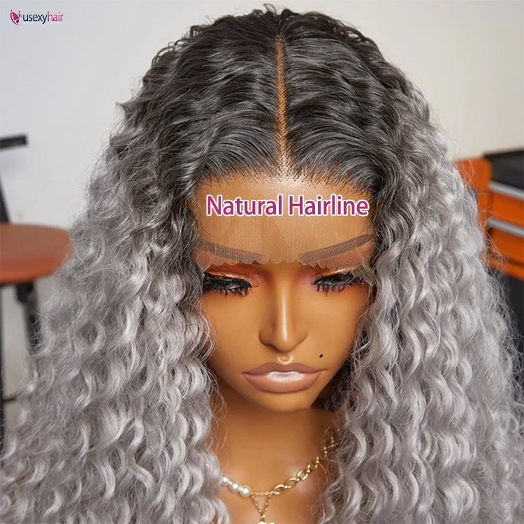 28" Ombre Silver Grey Curly Lace Front Wigs For Women Cosplay Colored Grey 180 Density Dark Roots Wig Glueless Wig For Women