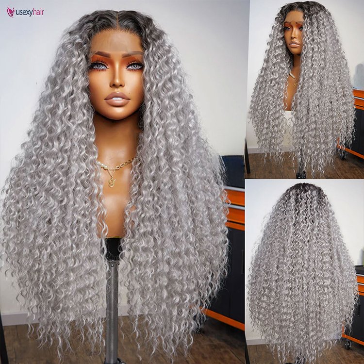 28" Ombre Silver Grey Curly Lace Front Wigs For Women Cosplay Colored Grey 180 Density Dark Roots Wig Glueless Wig For Women