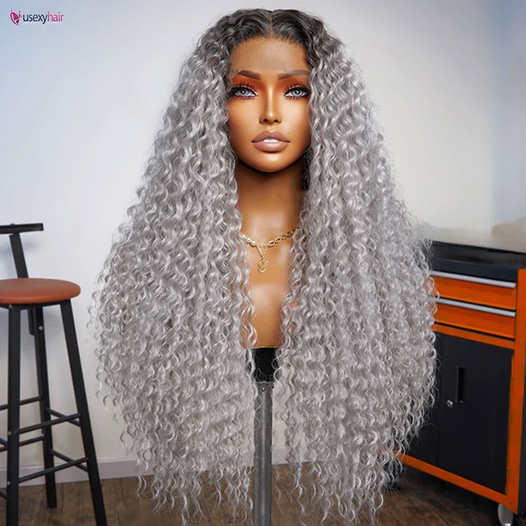 28" Ombre Silver Grey Curly Lace Front Wigs For Women Cosplay Colored Grey 180 Density Dark Roots Wig Glueless Wig For Women
