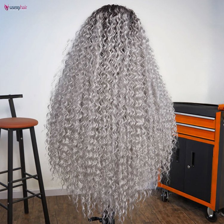 28" Ombre Silver Grey Curly Lace Front Wigs For Women Cosplay Colored Grey 180 Density Dark Roots Wig Glueless Wig For Women