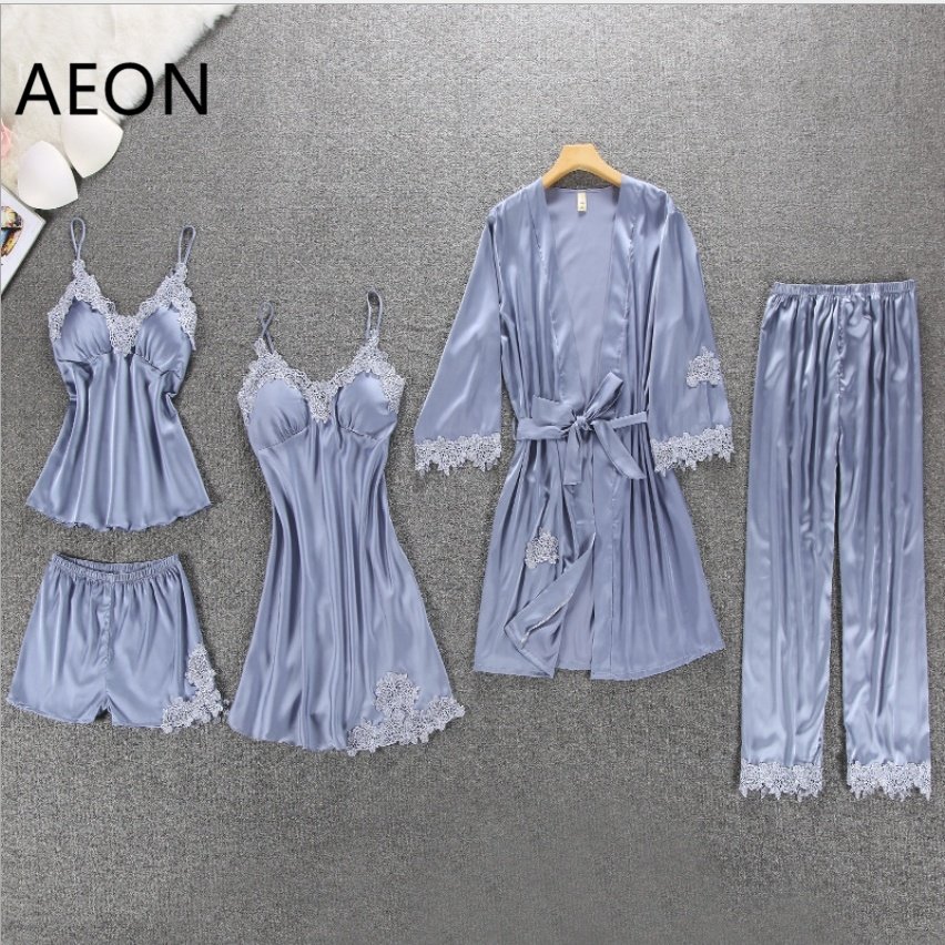 Women's sexy lace 3piece lingerie set long silk satin nightgown and robe set