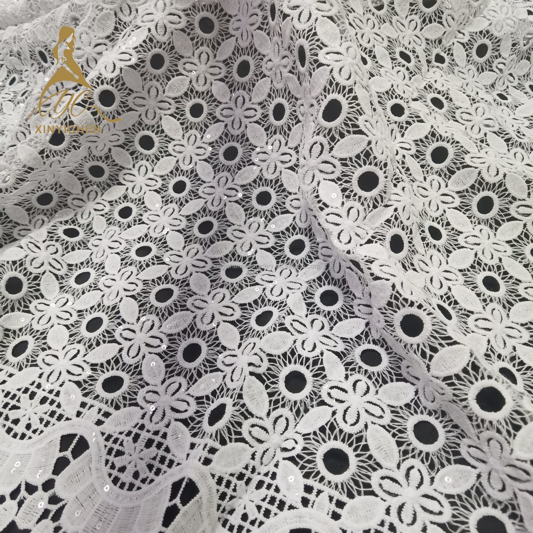 Hot White Bridal Dress Fabric 2023 Organza Flowers Sequin Embroidery French Mesh Material Lace Fabric