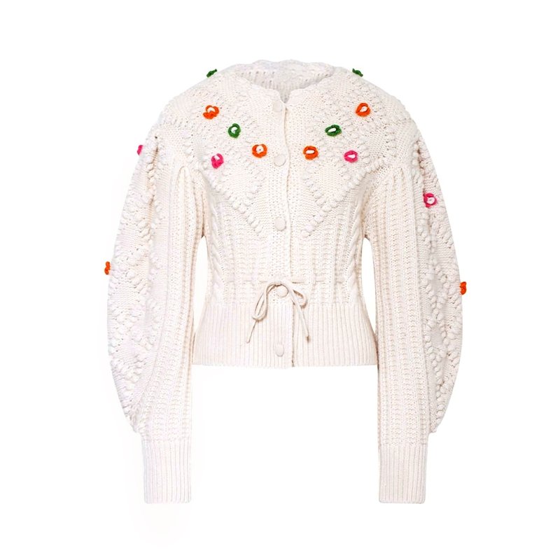 2023 Winter Retro Round Neck Customized Ribbed Cuffs Floral Pattern Cable Knit Wool Cardigan Women's Sweater