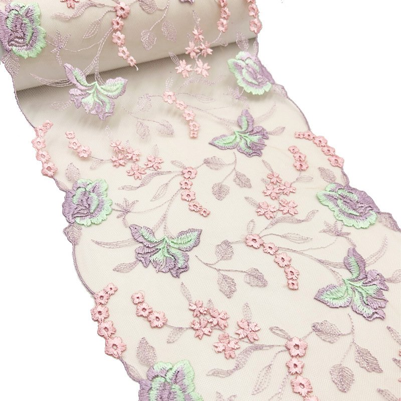 Custom Embroidery Fabric 22.5cm Wide White Pink Tulle Lace Trim Embroidery