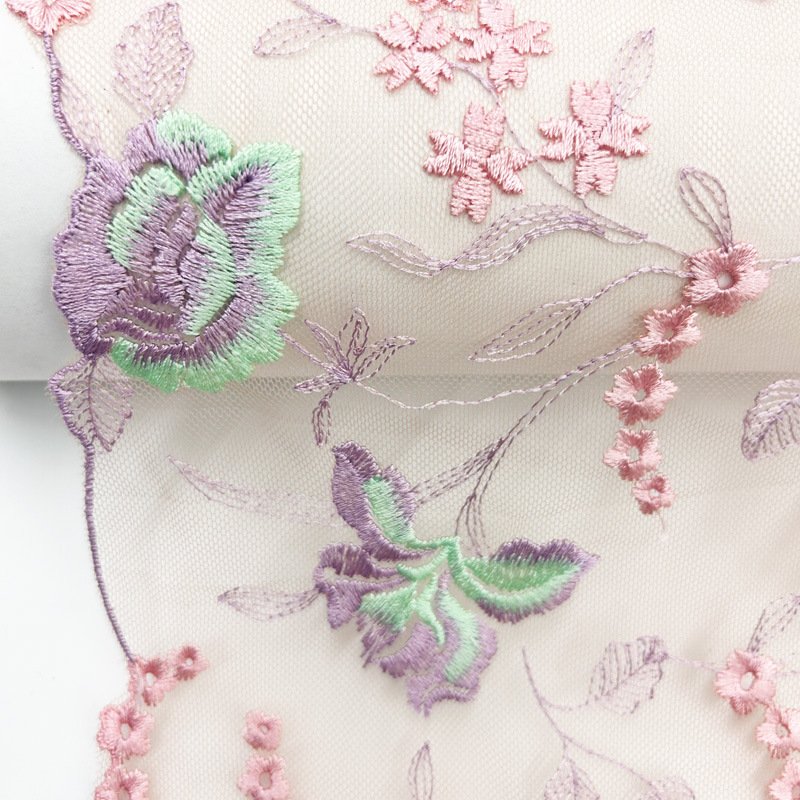 Custom Embroidery Fabric 22.5cm Wide White Pink Tulle Lace Trim Embroidery