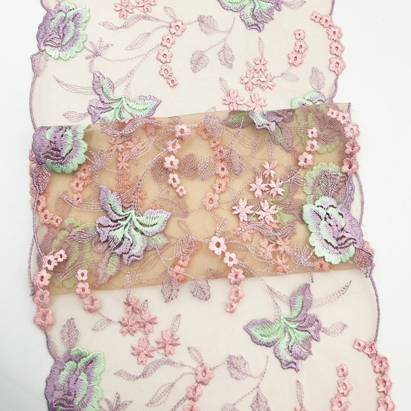 Custom Embroidery Fabric 22.5cm Wide White Pink Tulle Lace Trim Embroidery
