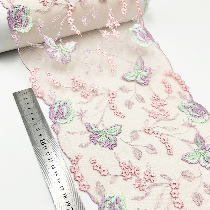 Custom Embroidery Fabric 22.5cm Wide White Pink Tulle Lace Trim Embroidery