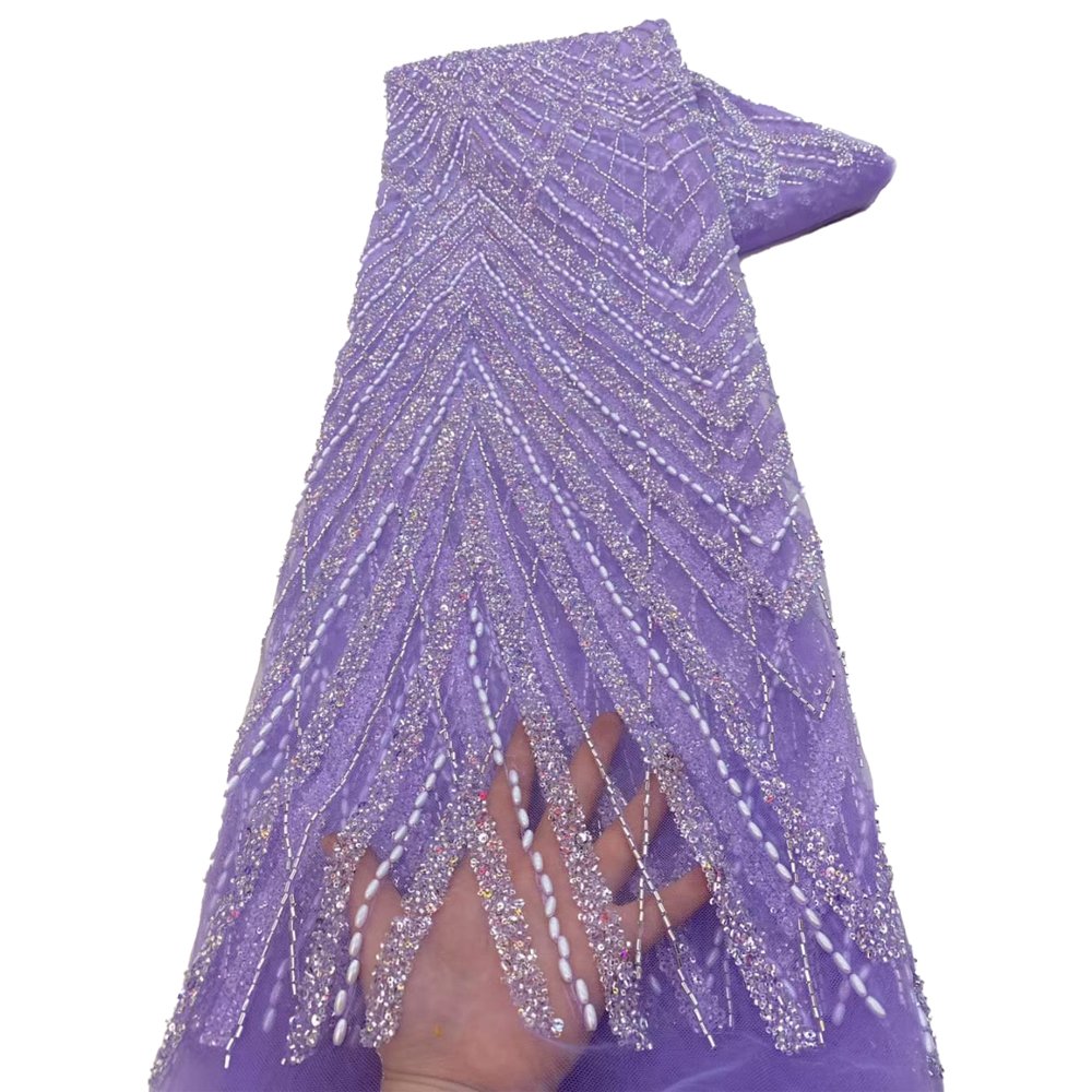 HFX 2024 Stylish and elegant French embroidery beaded lace fabric African Nigerian wedding dress with sequin fabric sewn 5 yards