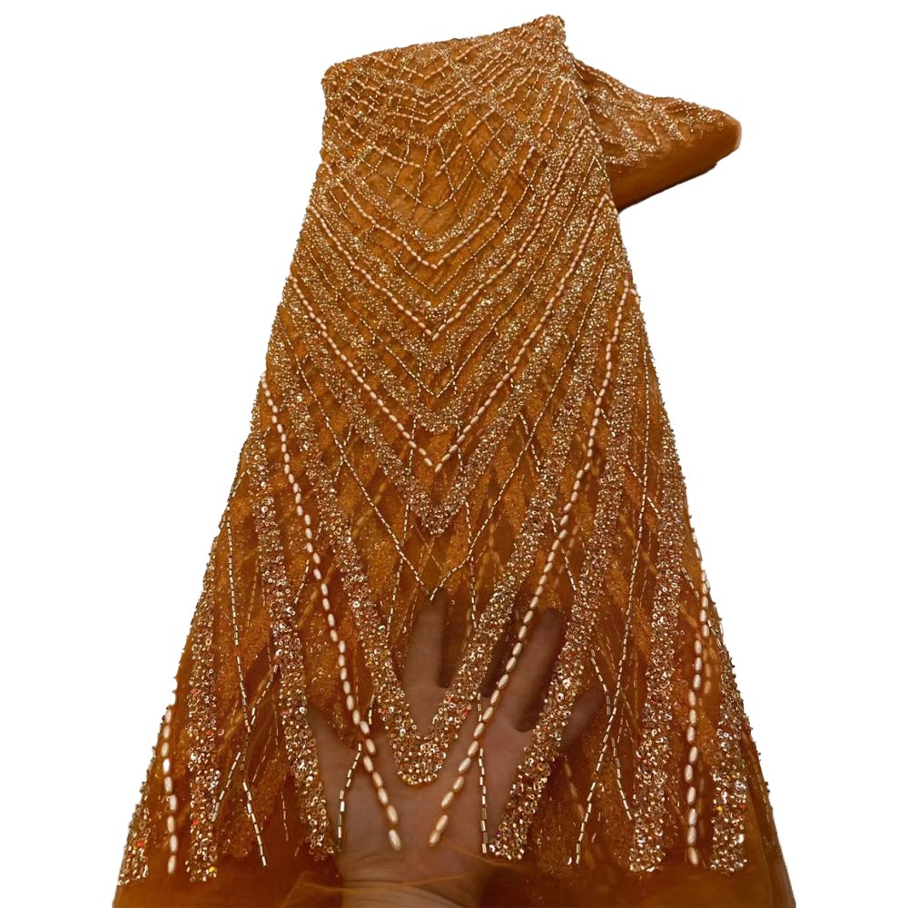 HFX 2024 Stylish and elegant French embroidery beaded lace fabric African Nigerian wedding dress with sequin fabric sewn 5 yards