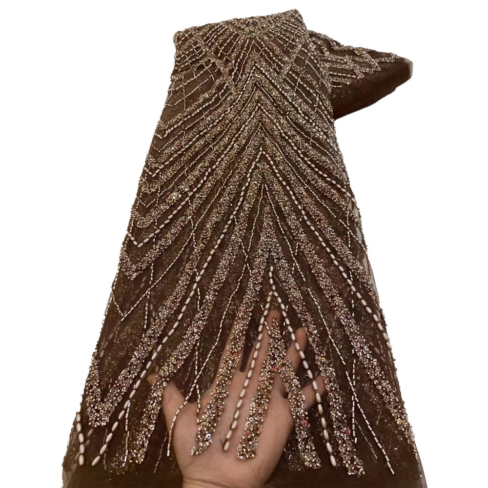 HFX 2024 Stylish and elegant French embroidery beaded lace fabric African Nigerian wedding dress with sequin fabric sewn 5 yards