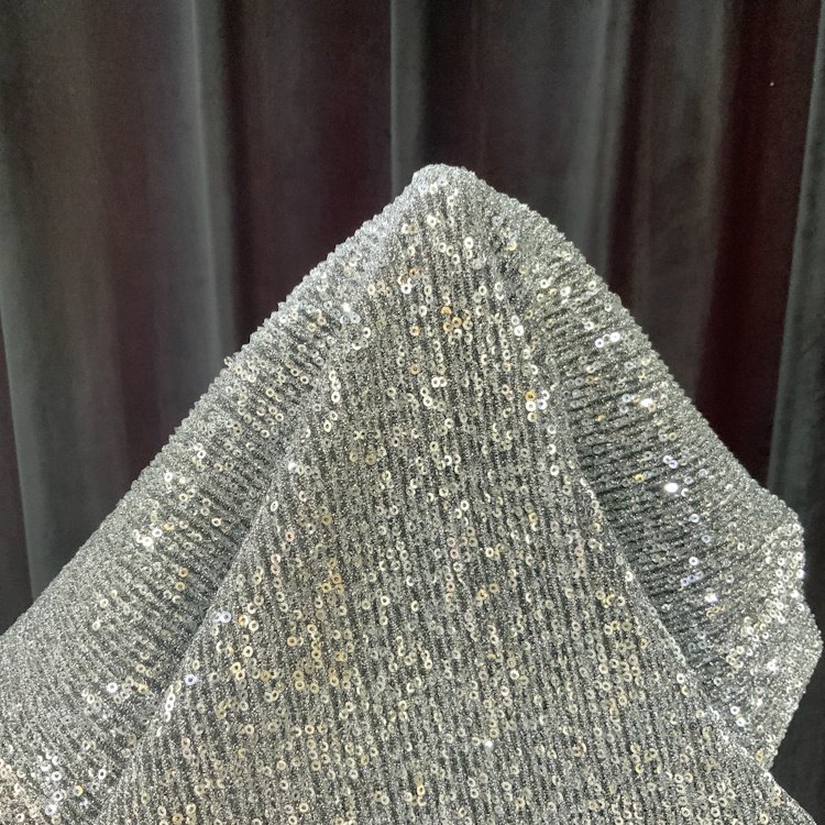 Polyester stretch lurex pleter glitter 3mm silver holographic sequin stretch fabric for club dress S-10358C