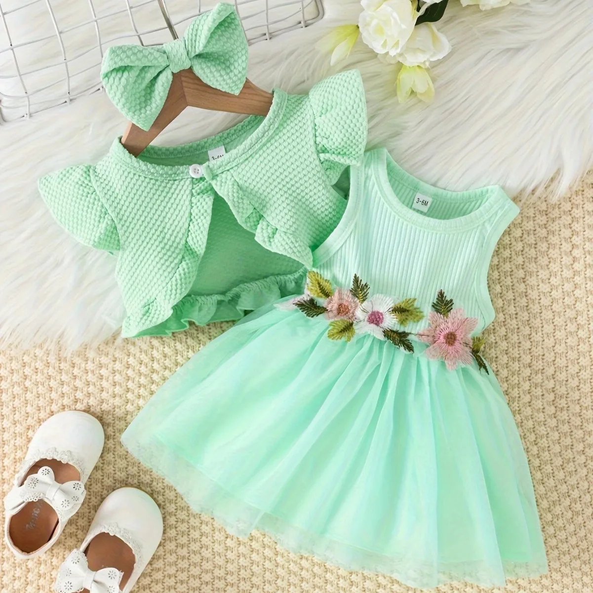 Conyson New baby girls clothing set sleeveless flower embroidery tulle dress + ruffled knitting cardigan coat + headband outfits