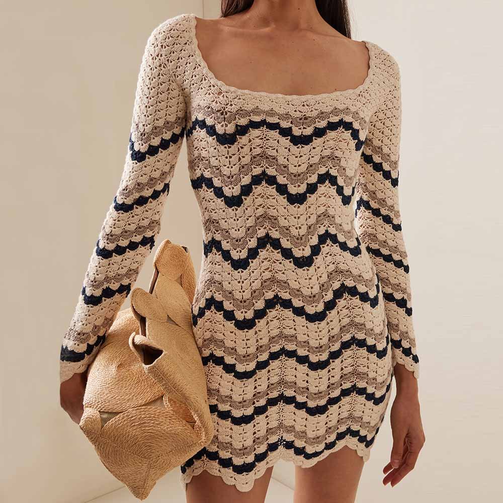 Knitwear Manufacturer Custom Autumn Winter Casual Long Sleeve O Neck Slim Fit Sexy Wave Jacquard Knitted Mini Dress Sweater