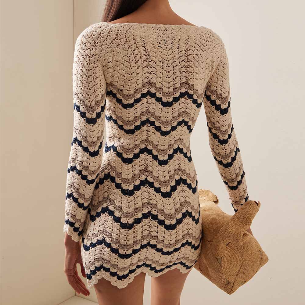 Knitwear Manufacturer Custom Autumn Winter Casual Long Sleeve O Neck Slim Fit Sexy Wave Jacquard Knitted Mini Dress Sweater