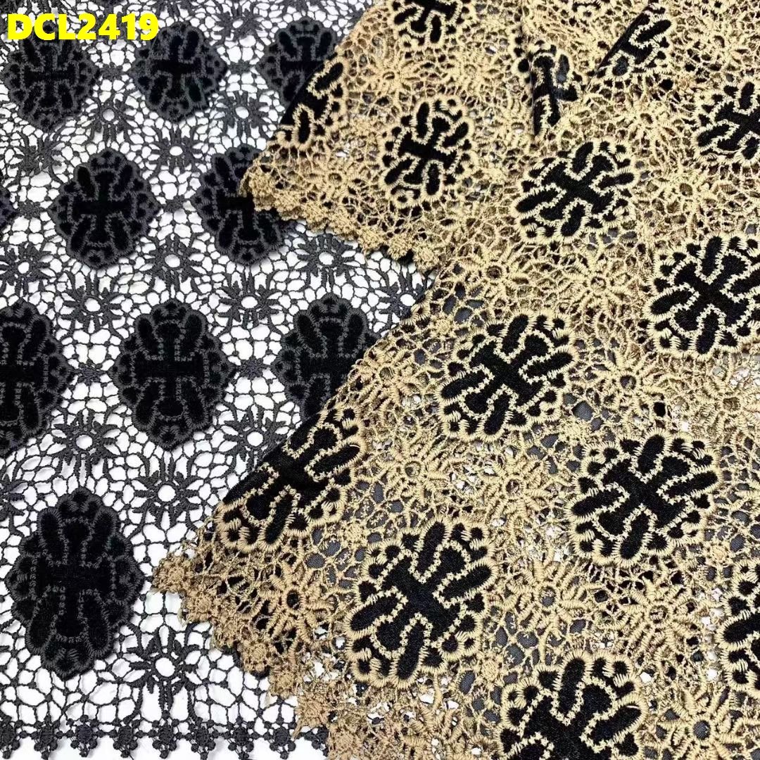 Customised Design Black Gold Soft Cord Guipure Lace Velvet Embroidered fabric Italian Lace Fabric for Wedding Bridal Dress