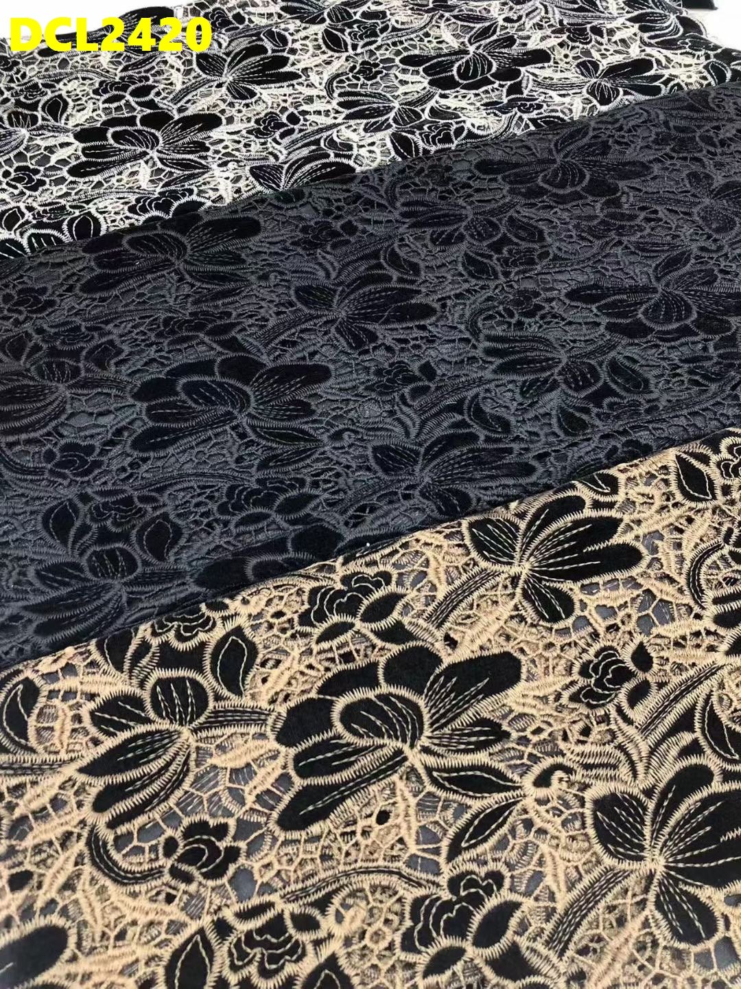 Customised Design Black Gold Soft Cord Guipure Lace Velvet Embroidered fabric Italian Lace Fabric for Wedding Bridal Dress